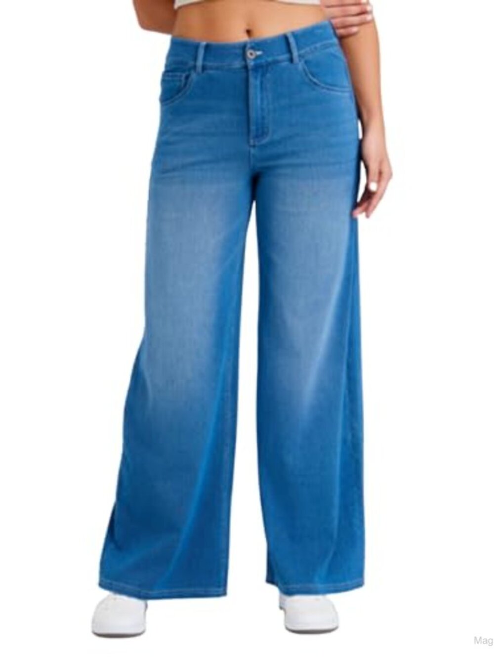 Women's Wide Leg Jeans Mid Waist Baggy Stretch Denim Pants Pockets